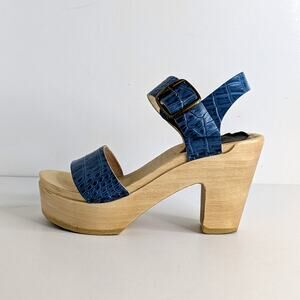 No. 6 Two Strap Platform Clogs 36 Denim Blue Crocodile Embossed Wood 6-6.5